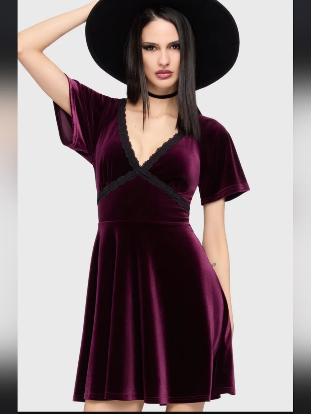 Killstar Velvet V-Neck Mini Dress - Plum